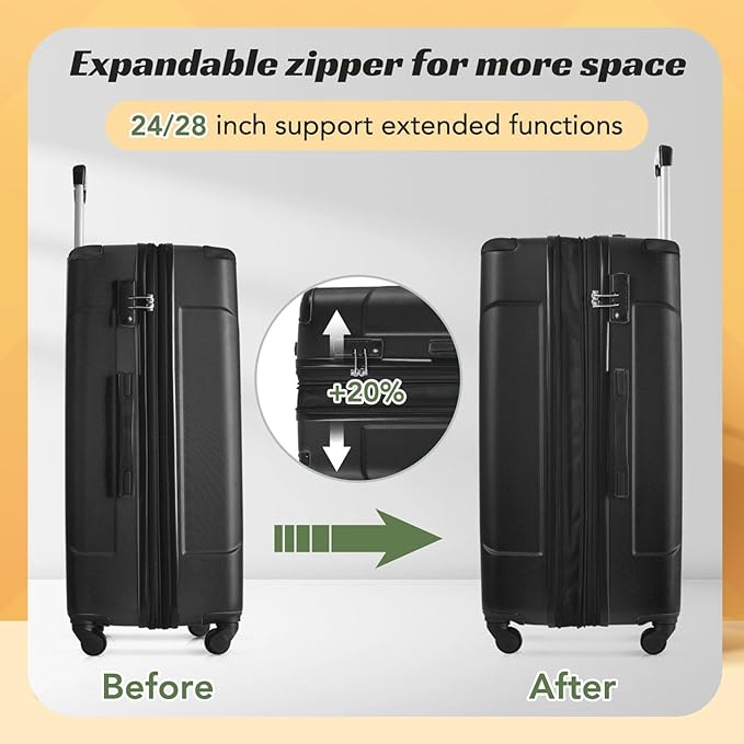 Merax Luggage Set 3 Piece Hardshell Suitcases with Spinner Wheels, TSA Lock, Lightweight Travel Luggage 20" Carry On 24" 28" Checked for Family Trips