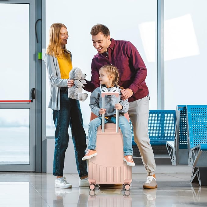 22 Inch TSA Lock Luggage with Seat for Adults and Kids,Check in Lockable Spinner Wheels Suitcase with Seat Belt and Cover (TSA Luggage with Seat Pink)