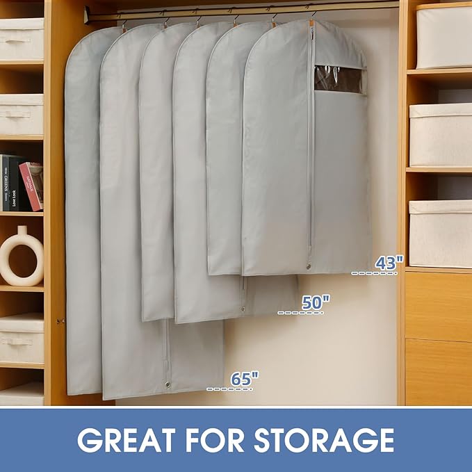 43" Garment Bags for Hanging Clothes, Suit Bags for Closet Storage and Travel, Grey Suit Cover Bags with Clear Window for Coats, Jackets, Shirts (5 Packs)