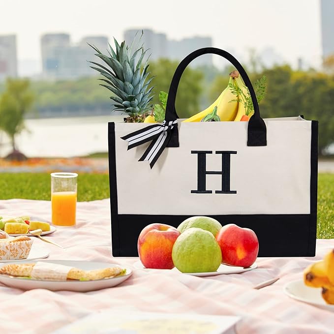 TOPDesign Embroidery Initial Canvas Tote Bag, Personalized Present Bag, Suitable for Wedding, Birthday, Beach, Holiday, is a Great Gift for Women, Mom, Teachers, Friends, Bridesmaids (Letter H)