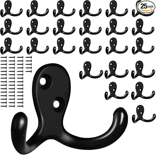 25 Pack Coat Hooks Wall Hooks for Hanging, Heavy Duty Double Prong Metal Hook Wall Mounted for Living Room, Bathroom, Kitchen, Bedroom for Coat, Bag, Scarf, Towel, Hat, Key, Cup (Black)