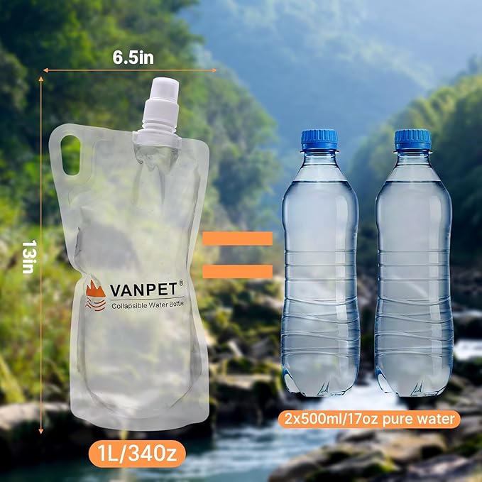 1L Hiking Collapsible Water Bottles, 33OZ BPA-Free Plastic Flasks, Reusable Drink Bags, Foldable Backpacking Water Bottle for Travel Camping Hiking (2-Pack)