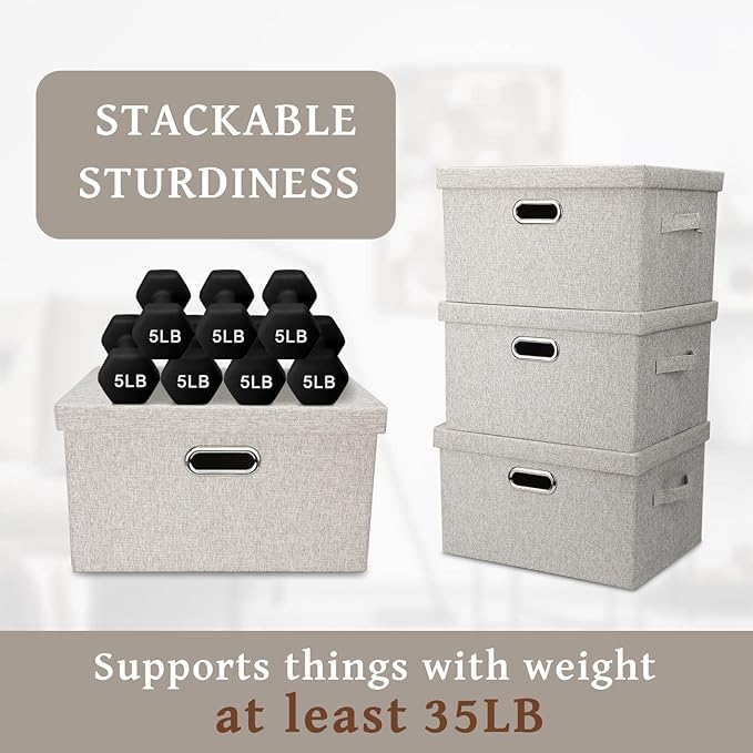 Medium 15" 21 Quart Collapsible Stackable Storage Bins with Lids, 1 Pack Beige Foldable Fabric Closet Storage Boxes with Lids, Heavy-duty Linen Baskets for Bedroom