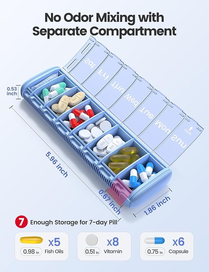 Vaydeer Metal Travel Pill Organizer, 7 Day Weekly Pill Box, Large Capacity Daily Cute Pill Case for Supplements, Pills, Vitamins and Medication (Small,Purple)