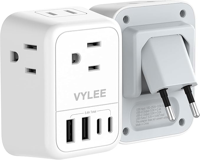 International Travel Adapter, Europe Travel Adapter with USB, Universal Travel Adapter (3 USB A & 1 Type-C) for The US to Most of Europe Iceland Spain Italy France Germany (Type E/F)