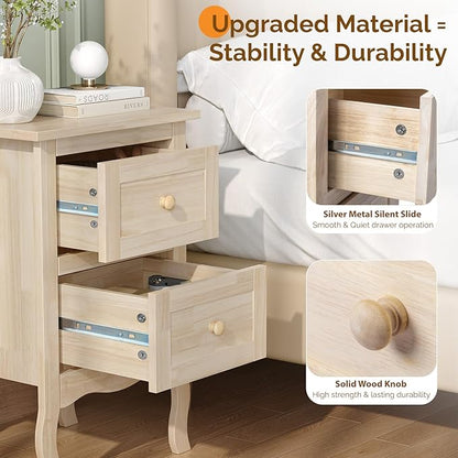 VINGLI Unfinished Solid Wood Nightstand for Color DIY, Small Nightstand for Bedroom, Natural Wood Night Stand with Drawers, Light Wood Night Stand, Real Wooden Bed Side Table/End Table