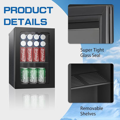 0.9 Cubic Feet Mini Fridge,24 Can Freestanding Beverage Refrigerator with Glass Front Door for Soda, Beer Under Counter Small Refrigerator with Adjustable Shelves(Black)