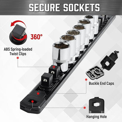 ALOANES 3-Piece Magnetic Socket Organizer, Heavy Duty Aluminum Socket Rails Organizer, 360° Swivel Clips Socket Holder Kit for Tool Box, 1/4-Inch Socket Holder x 42 Clips (Black)