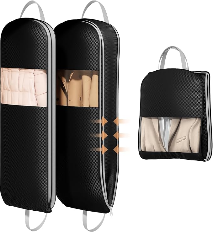 DIMJ 2 Pack 43" Space Saving Garment Bags for Hanging Clothes With Compression Zipper Carry Handles and Window, Washable Suit Bag for Dress, Clothes, Coats, Down Jacket, Closet, Moving, Travel