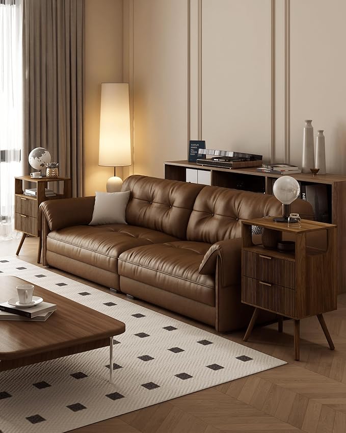 Nightstand,Modern Bedside Table with 2 Storage Drawer and Open Wood Shelf, for Bedroom and Small Spaces,Night Stand with Solid Wood Legs,Walnut Brown