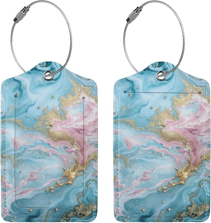 2 Pack Luggage Tag for Suitcase, Cute Unique Leather Suitcase Tags Identifiers with Privacy Name Address Labels & Durable Steel Loop for Women Men Travel
