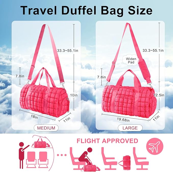 Quilted Travel Duffle Bag Gym Bag for Women,Large Puffer Duffle Weekender Bag with Compartment,Workout Overnight Carry on Organizer Bag Duffle Bag for Airplane Travel(L-Rosered)