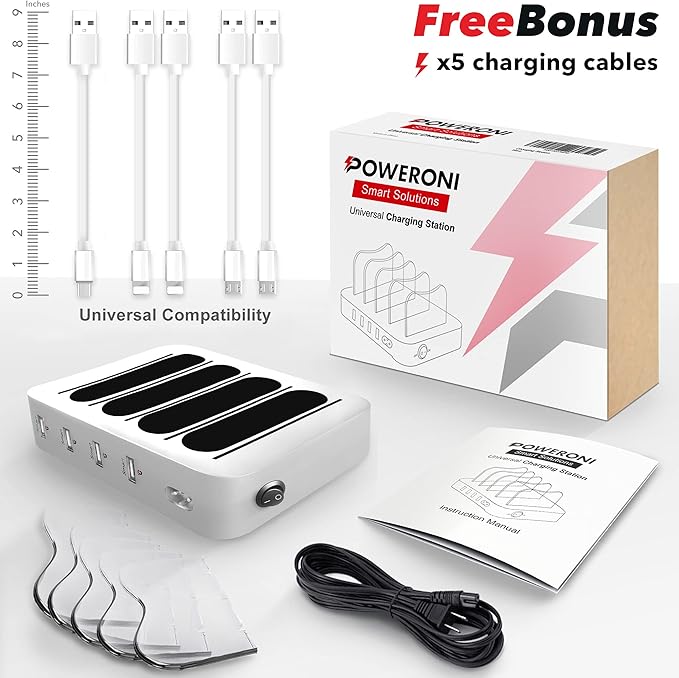 4 Port USB Charging Station - Charging Dock for Multiple Devices - Multi Device Charger Station - Compatible with Apple, iPad, iPhone, and Android - Universal Charge Rack for Phones and Tablets