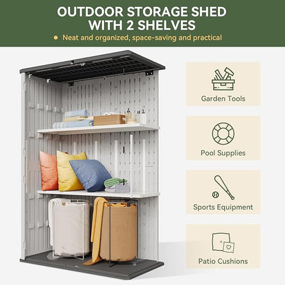 Aoxun 64 Cu.Ft Outdoor Storage Shed with Floor and 2 Shelves, Waterproof Horizontal Resin Cabinet for Garage Storage, Pool Storage, Bike Shed, Garden Shed