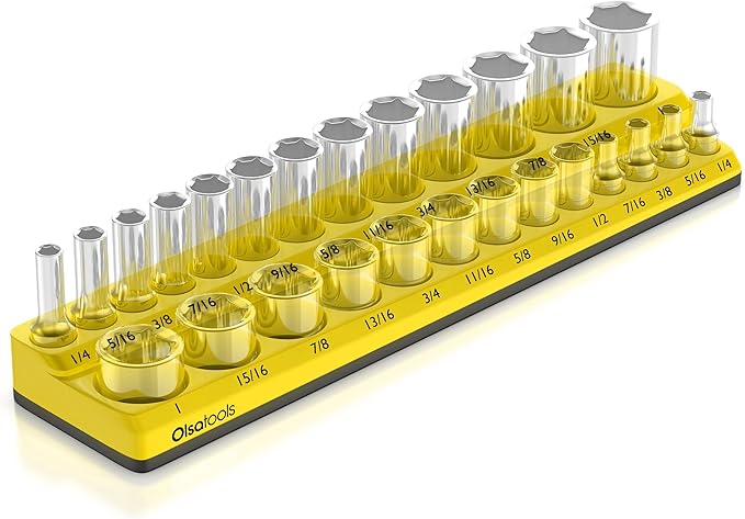 Olsa Tools Magnetic Socket Organizer | 3/8-inch Drive | SAE | Yellow | Holds 16 Sockets | Professional Quality Tools Organizer