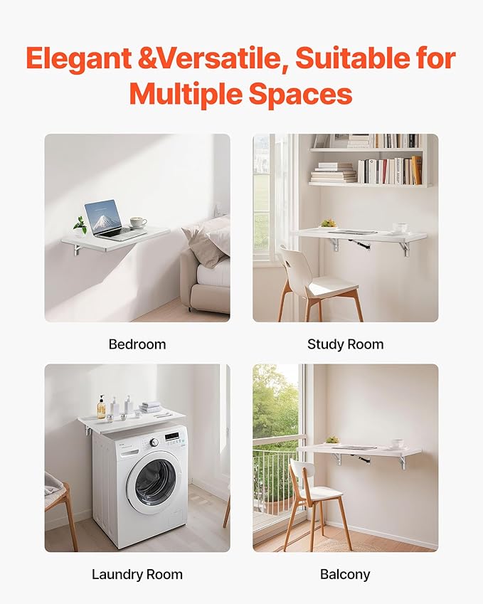 VEVOR Wall Mounted Folding Table, 31.5 x 15.7 inches Wall Mount Table, Floating Desk with Iron Bracket for Small Spaces, Home Office, Dining, Laundry Room, Kitchen, Bar, White