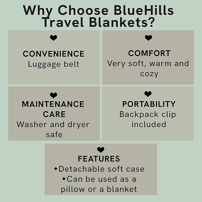 BlueHills 2-Pack Premium Soft Travel Blanket Pillow Airplane Blanket in Soft Bag Pillowcase with Hand Luggage Belt and Backpack Clip, Compact Pack Large Blankets for Any Travel Royal Blue T015