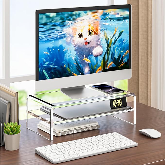Clear Acrylic Monitor Stand Riser 2 Tier, 5.12 Inches High Clear Computer Desk Organizer Shelf for Multi Media PC Storage Laptop
