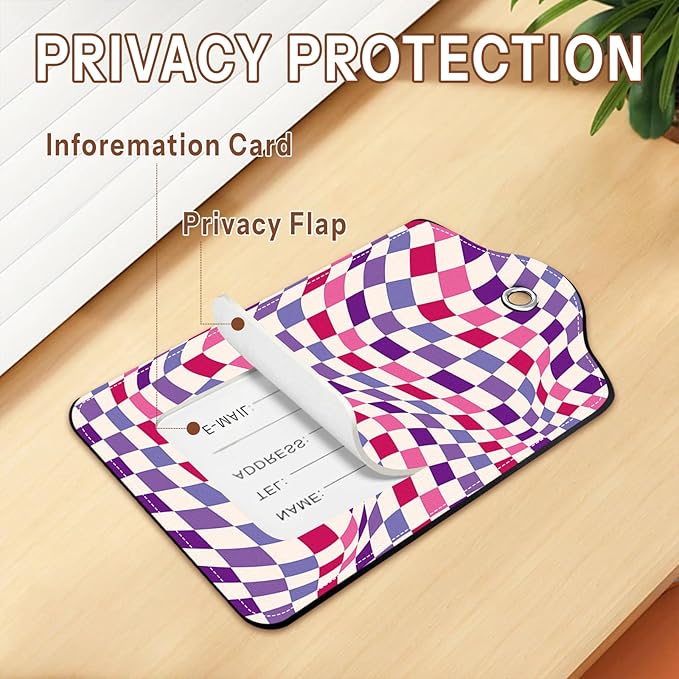 2 Pack Checkered Luggage Tags for Suitcases, Plaid Leather Luggage Tag Waterproof, Name ID Labels with Privacy Cover Suitcases Bag Luggage Tags for Travel, Travel Accessory Luggage Tag