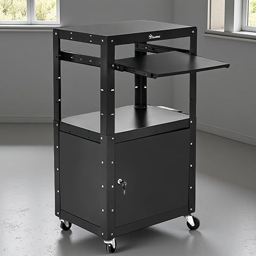 YITAHOME Rolling AV Cart with Wheels & Locking Cabinet, Keyboard Tray & 16.4ft Extra-Long Power Cord, Mobile Presentation Media Cart for Computer Laptop Printer Projector, Black