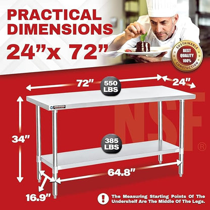 DuraSteel 24x72 Stainless Steel Work Table - NSF Commercial Prep Metal Table - Outdoor Pizza Oven Stand w/Under Shelf - Kitchen Island Laundry Utility Garage Microwave Stand Rolling Storage Cart Vevo