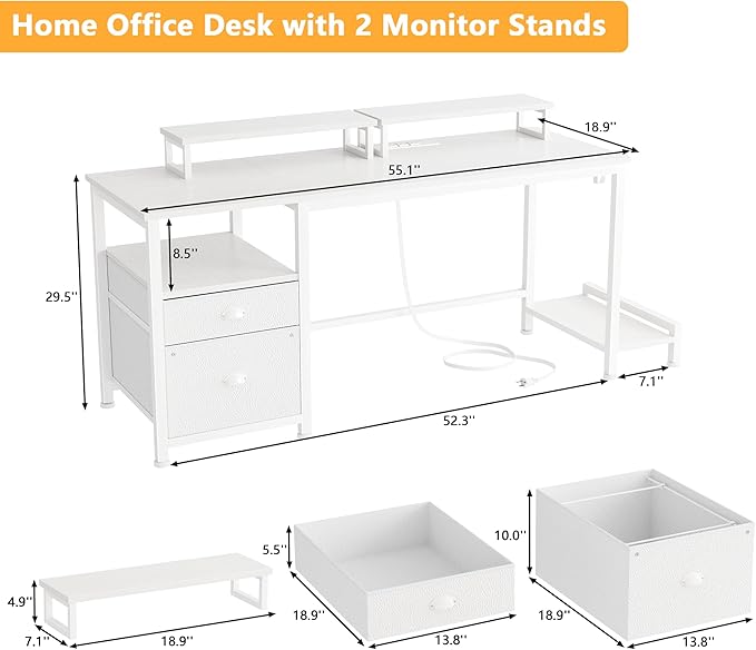 Furologee 55" Computer Desk with File Cabinet and Power Outlets, Home Office Desk with 2 Monitor Stands and Storage Drawer, Writing Gaming Table with Shelves and 2 Hooks for Bedroom, White