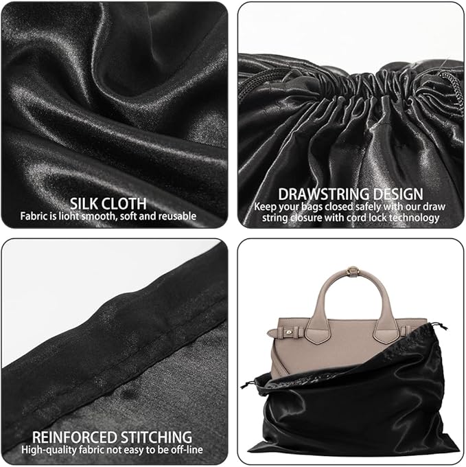 6 Pack Dust Bags for Handbags Silk Dust Cover Bag for Handbags Purses Shoes Boots, Silk Dustproof Drawstring Bag Travel Storage Pouch (Black, 23.6 × 19.6 in)
