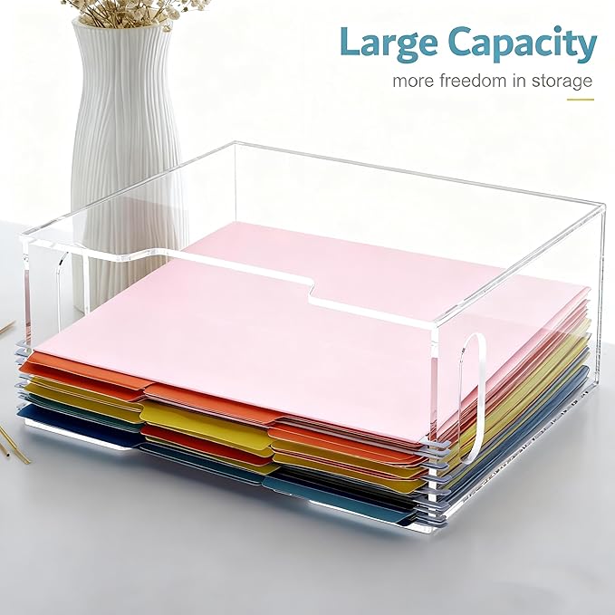 Acrylic File Organizer Box with Handles, Portable Letter Size Hanging File Folder Box, Desktop Filing Organizer for Home, Office - 1 Pack