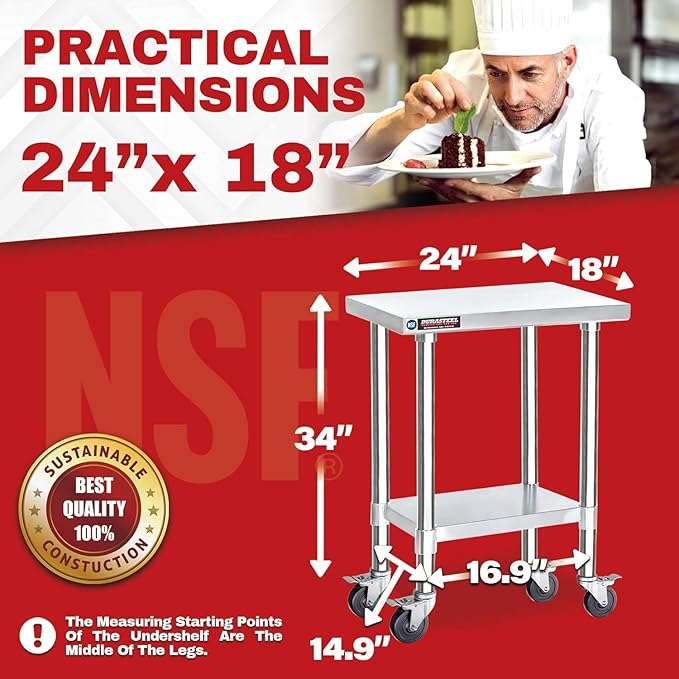 DuraSteel 24x18 NSF Stainless Steel Cart Work Table - Heavy Duty Rolling Food Prep Table - Metal Utility Cart on Wheels Caster, Grill Stand Microwave Outdoor Kitchen Tables Countertop Island Large Top
