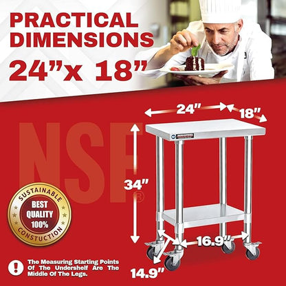 DuraSteel 24x18 NSF Stainless Steel Cart Work Table - Heavy Duty Rolling Food Prep Table - Metal Utility Cart on Wheels Caster, Grill Stand Microwave Outdoor Kitchen Tables Countertop Island Large Top
