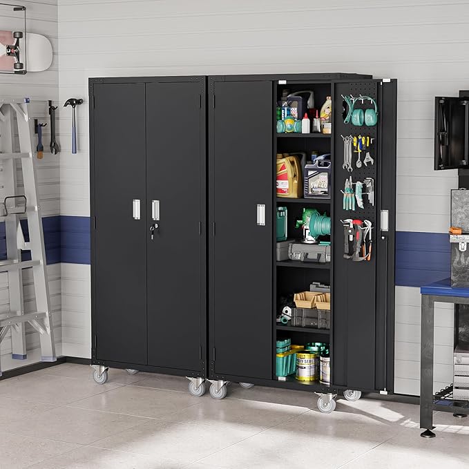 VINGLI 72'' Tall Garage Storage Cabinet, Metal Storage Cabinet with Pegboards, Wheels, Locking Doors and Adjustable Shelves (Black, 32''W x 16''D x 72''H)