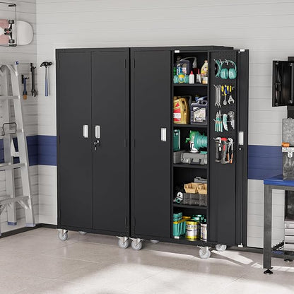 VINGLI 72'' Tall Garage Storage Cabinet, Metal Storage Cabinet with Pegboards, Wheels, Locking Doors and Adjustable Shelves (Black, 32''W x 16''D x 72''H)