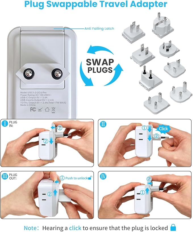 VINTAR Universal Travel Adapter Kit, International Power Adapter with 4 AC and 3 USB Ports(2 USB C), Type A,B,C,D,E/F,G,I,M Detachable Attachments, Travel Adapter Worldwide for India/Africa/Europe/UK