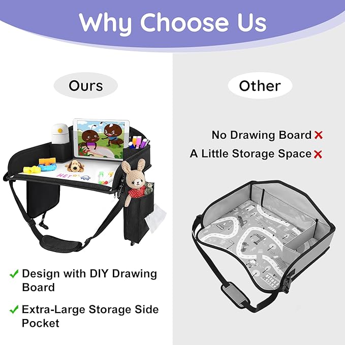 Kids Travel Tray, Kids Travel Trays for Car Seat, Road Trip Essentials for Toddler, Carseat Lap Tray with Dry Erase Board & Storage Organizer for Road Trip Activities for Kid, Black