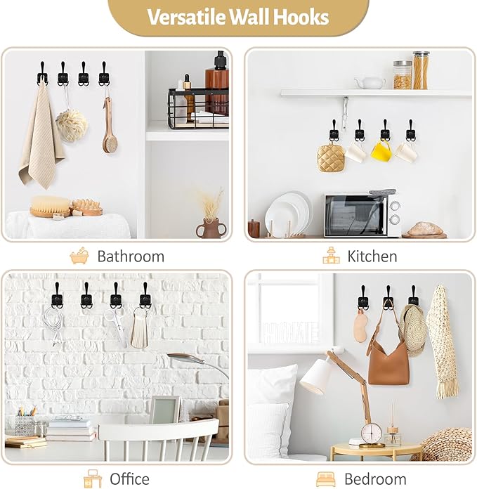 VIS'V 3 Prong Coat Hooks Wall Mount, Metal Self Adhesive Entryway Wall Hooks, 2 Mount Options, Black, 4 Pcs