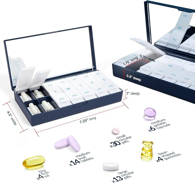 PORT X POLISH Designer Weekly Pill Box Organizer (Single 1X Daily, Navy) | Compact, Stylish 7-Day Vitamin Supplement Case | Cute Portable Mini Travel Medicine Carrier | BPA-Free Pillbox Caddy