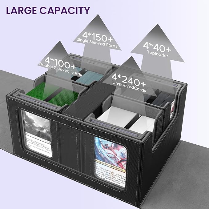 Trading Card Storage Box with Commander Display, Holds 400+ Double-Sleeved Cards, Multi-purpose Deck Box with Handle for MTG/TCG/Sports Cards, 4 Dividers, 1 Dice Tray, 4 Toploaders, Black Grey