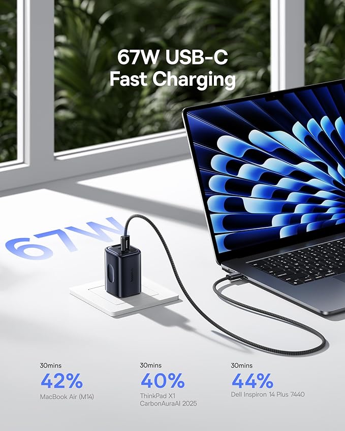Baseus 70W Universal Travel Adapter with Retractable Cable & Baseus PICOGO 67W USB C Charger, 3 Port Fast Charging Block with Foldable Plug