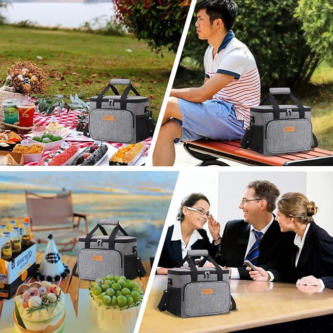 iknoe Thickened Lunch Bag - Soft Coolers Insulated, Leak Proof Tote with Zippered Top - Great for Work, Picnic, Beach - 18-Can Capacity, Grey