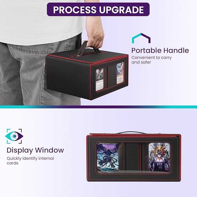 Card Storage Box for MTG with Commander Display for Trading Cards 400+, Card Deck Box with Handle, Removable Deck Case for TCG/Sports Cards, 4 Dividers, 1 Dice Tray, 4 Card Holders, Black Red