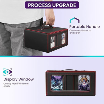 Card Storage Box for MTG with Commander Display for Trading Cards 400+, Card Deck Box with Handle, Removable Deck Case for TCG/Sports Cards, 4 Dividers, 1 Dice Tray, 4 Card Holders, Black Red