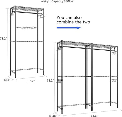 Xiofio Washer and Dryer Storage Shelf,Clothes Drying Rack,2 Tier Adjustable Height Storage Shelving with 2 Side Hook Laundry Shelves Used for Bathroom, Bedroom,Balcony,Black