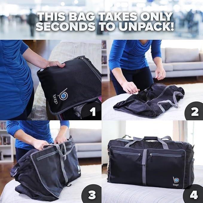 Bago Large Foldable Duffel Bags for Traveling Women & Men - 80L Packable Duffle Bag for Travel with Shoe Compartment - Water Repellant, Heavy Duty, Lightweight Folding & Collapsible (SnowGray)