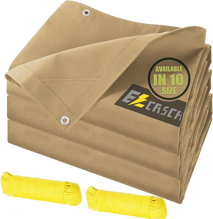 10’x10’ Canvas Tarps Heavy Duty Waterproof Tarpaulins with Aluminum Grommets,UV Resistant, 22Mil Multipurpose Drop Cloth, 14oz Cover Sheet for Outdoor and Indoor Use with Ropes Yellow