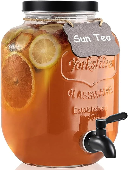 1 Gallon Drink Dispenser with Spigot 18/8 Stainless Steel – Airtight & Leakproof Glass Sun Tea Jar with Anti-Rust Lids, Beverage Dispenser for Parties (Black)
