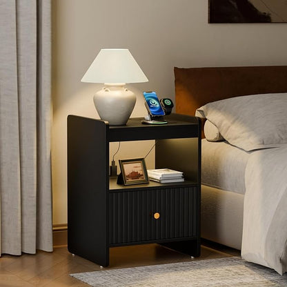 HIFYOBRO 21.6" Tall Fluted Nightstand Set, End Table with Charging Station and LED Light, Modern End Side Table with Drawer (Black)