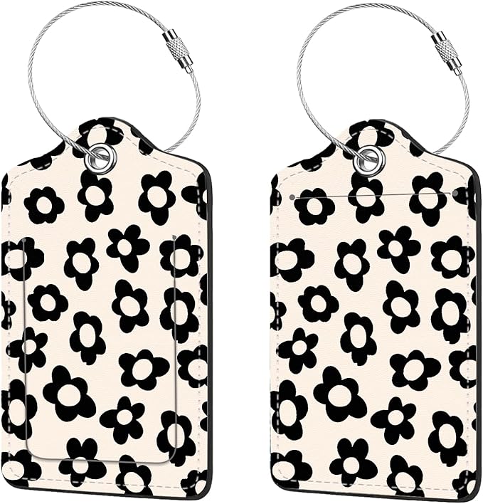 2 Pcs Luggage Tags for Suitcase, Cute Unique PU Leather Travel Bag Tag with Privacy Cover ID Label Address Card and Durable Metal Ring Suitable for Men Women Children Backpack,Black Flowers