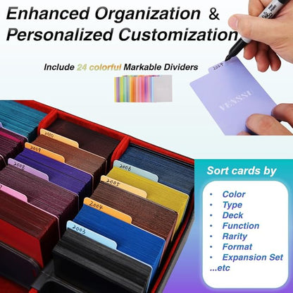 Venssu Card Storage Box For Trading Cards With Dedicated Card Supporters,3000+ Mtg Deck Box With 24 Colorful Divider Tabs,Trading Card Storage Fits For Magic Game Cards (Black and Red)