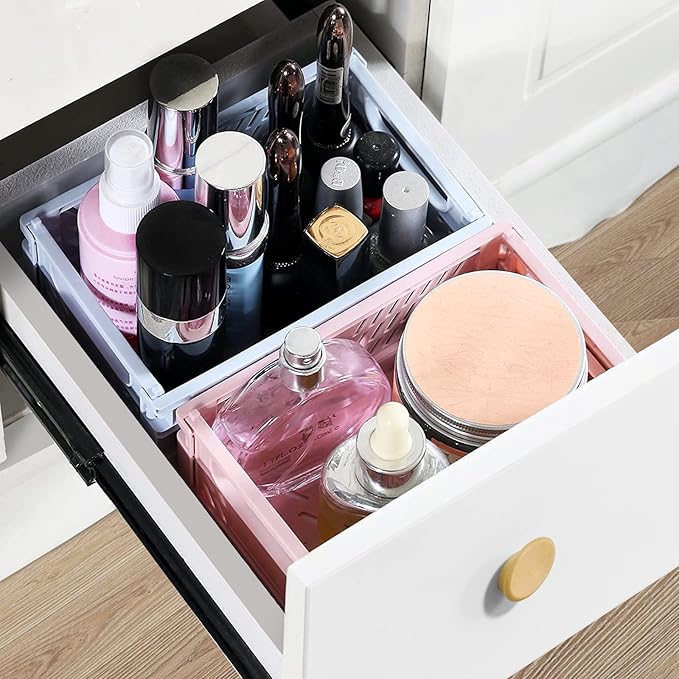 Plastic Baskets for Desk Organizing, Drawer Organizer, 2 Medium+2 Small Durable Folding Storage Crate for Home Kitchen Classroom Office Bedroom and Bathroom (Pink)