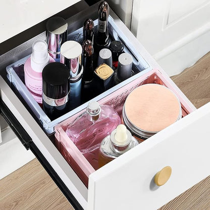 Plastic Baskets for Desk Organizing, Drawer Organizer, 2 Medium+2 Small Durable Folding Storage Crate for Home Kitchen Classroom Office Bedroom and Bathroom (Pink)